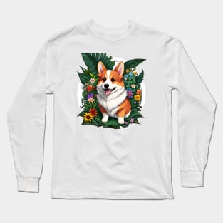 cute corgi with floral patterns Long Sleeve T-Shirt